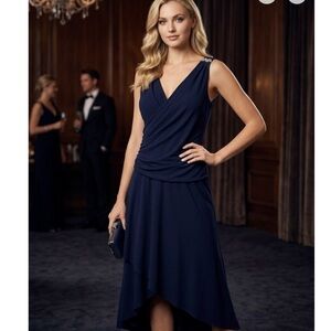 S.L. Fashions Navy V-Neck High-Low Evening Dress